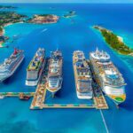 Fünf Kreuzfahrtschiffe ankern ab einer traumhaften Karibikküste